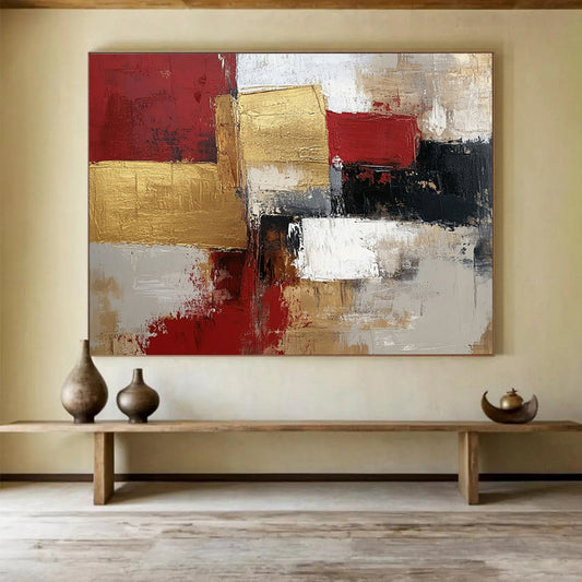 “Gilded Geometry” - Red, Gold, Gray, Textured Squares - Modernist Acrylic Painting with Gold Accents HB1541