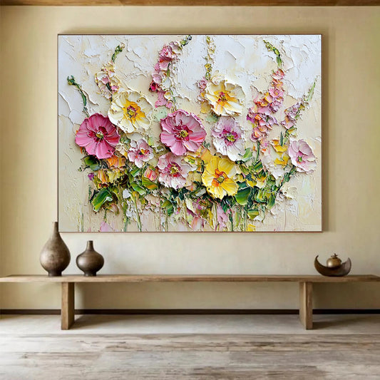 “Textured Floral Bouquet” - Pinks, Yellows, Greens, Thickly Painted Flower Bouquet - Impasto Oil Painting HB1744