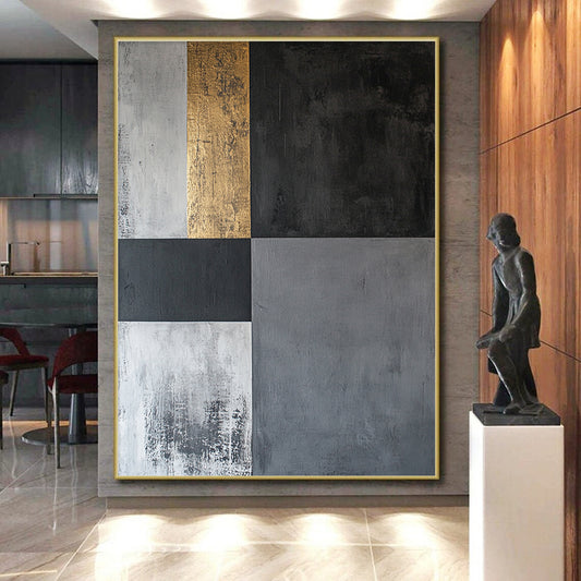 Black, Gray, White and Gold Geometric Squares "Elegant Geometry" Painting On Canvas HB352
