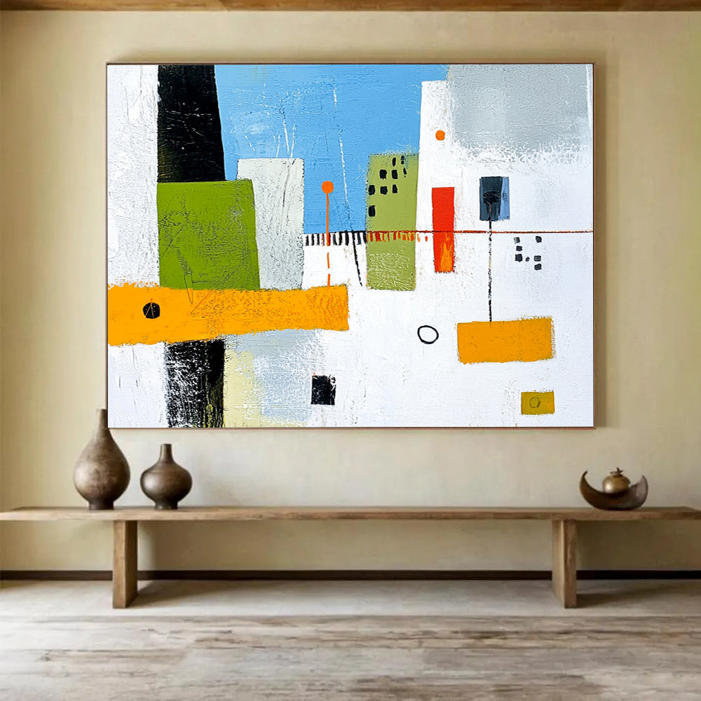 “Geometric City Blocks” - Greens, blues, oranges, whites; Abstract geometric city buildings; Minimalist Acrylic Painting On Canvas HB1179