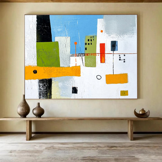 “Geometric City Blocks” - Greens, blues, oranges, whites; Abstract geometric city buildings; Minimalist Acrylic Painting On Canvas HB1179