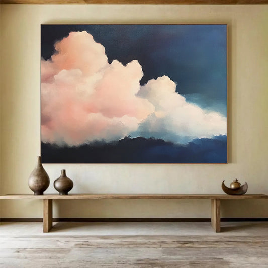 “Pink Clouds at Night” - Pinks, Blues, Dark Background, Fluffy Clouds Against Night Sky - Realist Oil Painting HB1710