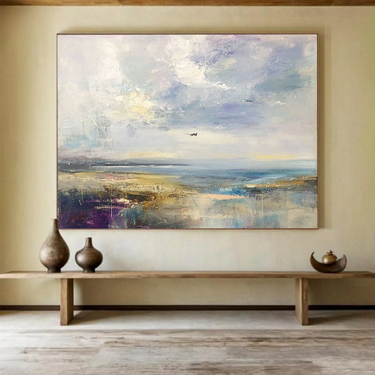 “Impressionist Seaside” - Purple, blue, beige, Impressionist Landscape Painting HB0644