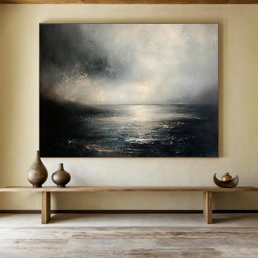 “Moody Sea Landscape” - Gray, Black, White, Atmospheric Seascape Painting On Canvas HB1001