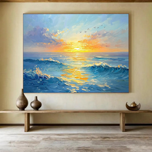 “Sunset Sea Symphony” - Blues, Oranges, Yellows, Seascape with Sunset and Birds - Impasto Oil Painting HB1756