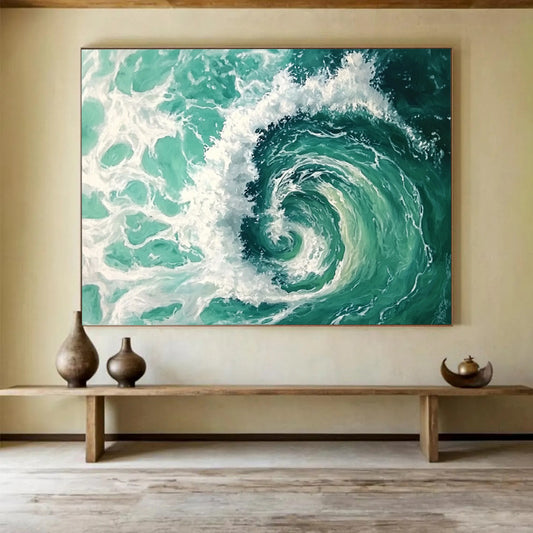 “Turquoise Ocean Vortex” - Turquoise, White, Spiral Waves Painting On Canvas HB0733