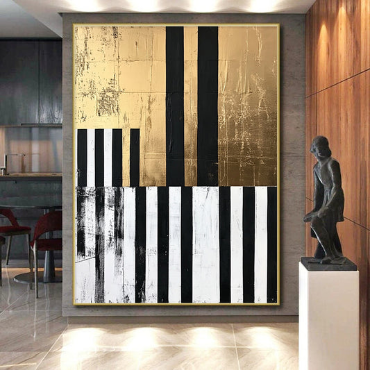 Black, White, Gold and Gray Geometric Abstraction "Elegant Stripes" Painting On Canvas HB402