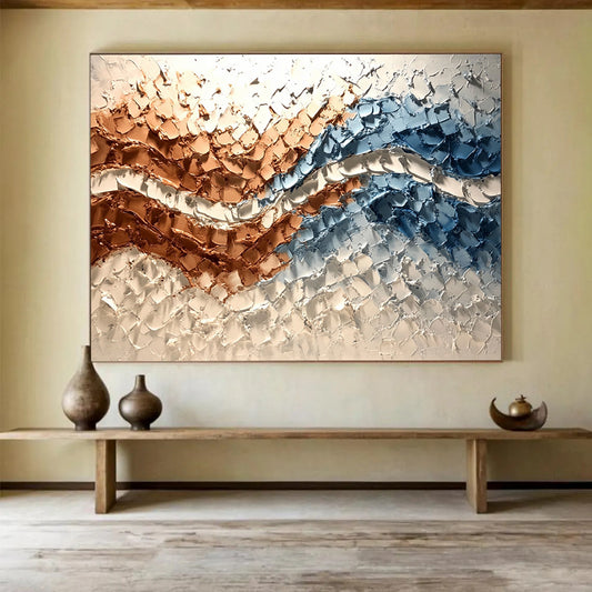 “Textured Copper - Blue Waves” - Copper, Blue, White, 3D Wave - Patterned Abstract Painting On Canvas HB0979