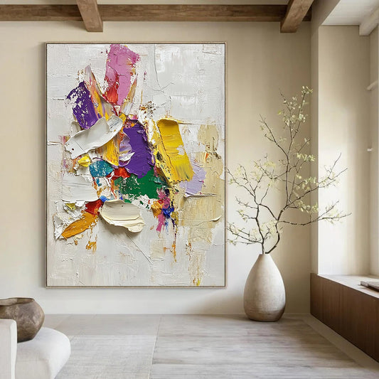 Contemporary hand-painted abstract art features vibrant paint strokes and thick oil textures on a white background with intricate details and soft edges. DLZ0578