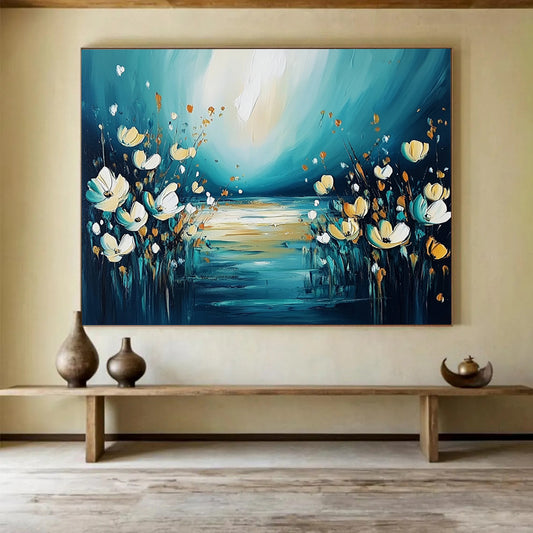“Dreamy Floral River Abstract” - Teal, Yellow, White with Flowers and River - Painting On Canvas HB1399