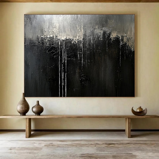 Monochrome Dripping Abstract - Dark Expressionist Painting On Canvas HB0468