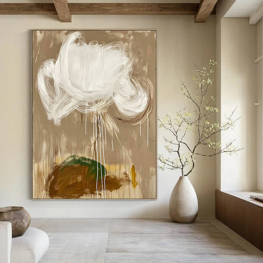 Contemporary hand-painted abstract artwork featuring a white cloud and brown earth on a beige background with white brush strokes and green details. DLZ0607