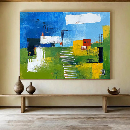 “Colorful Landscape Abstract” - Blue, Green, Yellow, White, Abstract Landscape - Painting On Canvas HB1415