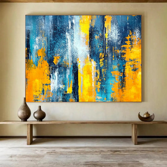 “Blue and Yellow Abstract Strokes” - Blue, Yellow, Bold Brushstrokes Painting On Canvas HB0869