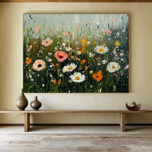 “Wildflower Meadow Impasto” - Colorful wildflowers in pink, white, orange, Impasto Floral Painting On Canvas HB0545