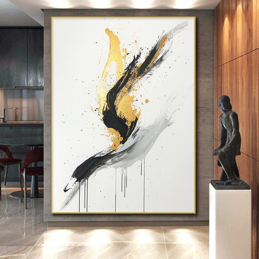 Black, White, Gold, Gray, Dynamic Swirls "Gilded Motion" Abstract Expressionist Painting On Canvas HB095