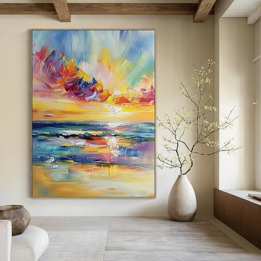 Stunning hand-painted abstract featuring vibrant clouds and a serene seascape with warm sunset reflections in a contemporary palette knife style. DLZ1119