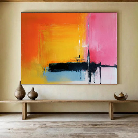 “Orange, Pink, and Blue Abstract Color Blocks” - Orange, pink, blue, yellow, black; Abstract color blocks with drips; Acrylic Painting On Canvas HB1225