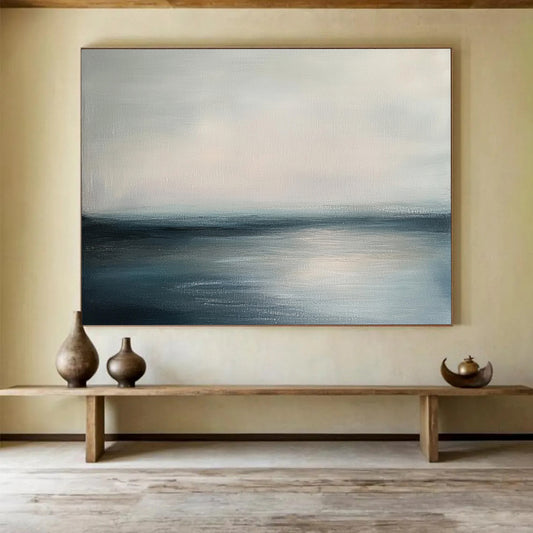 “Minimalist Sea Horizon” - Gray, Blue, White - Minimalist Sea - Acrylic Painting HB1303