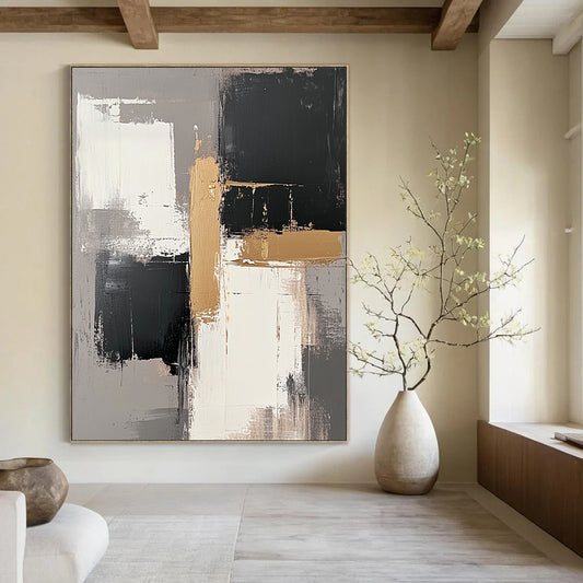 Contemporary hand-painted abstract art features neutral tones and gold accents with thick brush strokes and atmospheric blurred edges on a grey background. DLZ0564