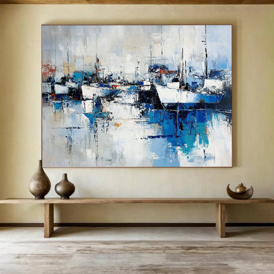 “Abstract Harbor Reflections” - Blue, White, Gray, Dynamic Boat & Water Scenes Painting On Canvas HB1022