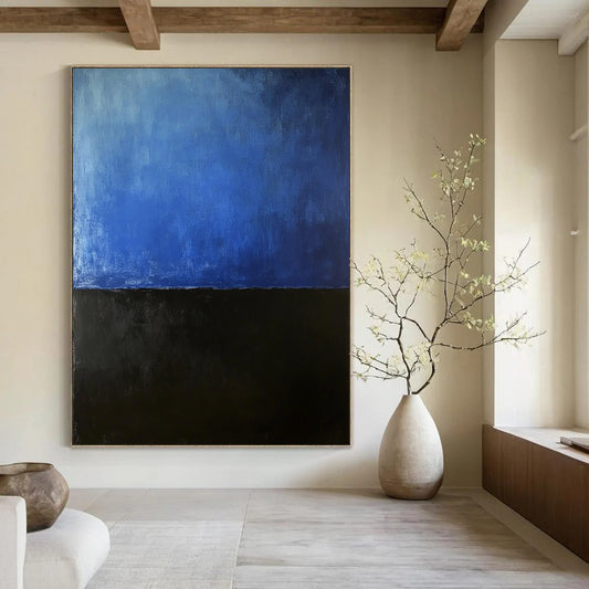 Contemporary hand-painted abstract artwork featuring dark navy and soft gradient sky-blue evokes mystery solitude and introspection. DLZ1592