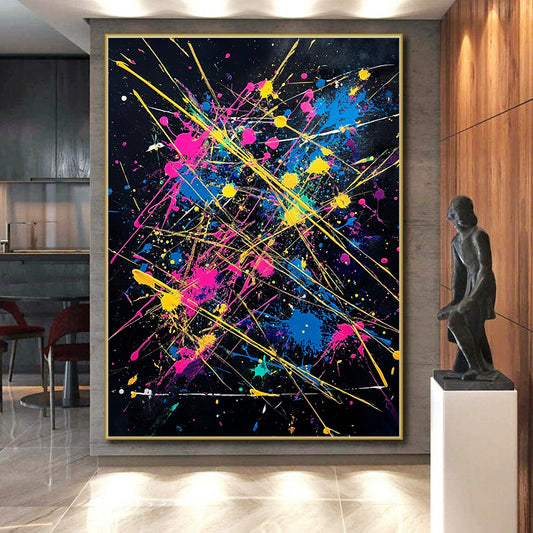 Black, Colorful Splashes, Yellow Lines "Fiesta Explosion" Abstract Painting On Canvas HB029