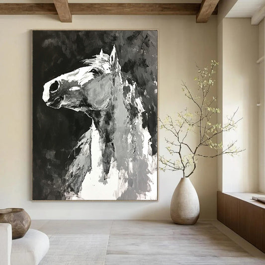 Contemporary abstract painting featuring a horse with monochromatic loose brushwork on a black background creating an expressive minimalistic atmosphere. DLZ0602