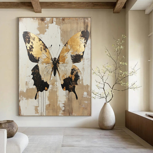 Large contemporary hand-painted abstract artwork featuring distressed butterfly design in gold and beige tones adding elegance to any space. DLZ1562