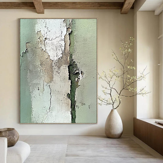 Contemporary abstract artwork featuring an old peeling wall in neutral tones with intricate light green and beige textures using impasto technique. DLZ1199