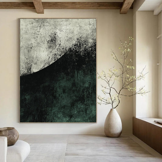 Contemporary abstract artwork featuring a large dark green and grey half circle with textured brushwork and strong negative space in muted tones. DLZ0809