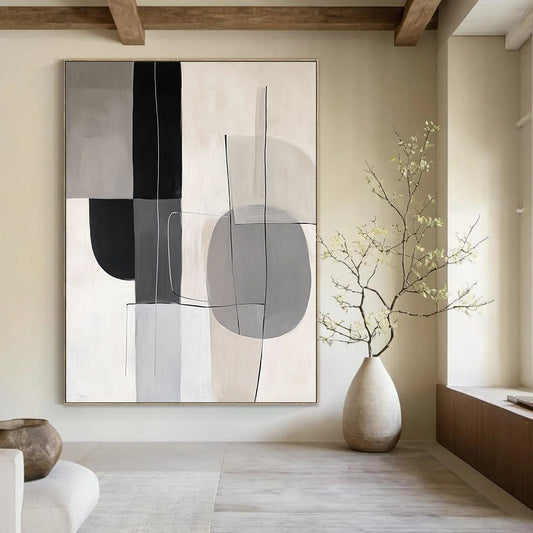 Contemporary hand-painted abstract artwork featuring gray, white, and black shapes that embody the elegance and simplicity of Japandi style. DLZ1050