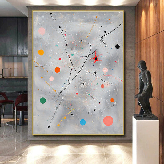 Gray, Colorful Dots, Lines "Playful Cosmos" Abstract Expressionist Painting On Canvas HB086