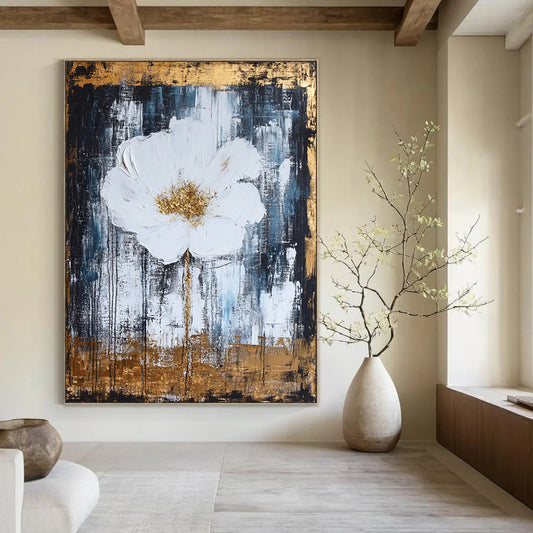 Contemporary hand-painted abstract artwork featuring white and gold tones, thick brush strokes, textured canvas, and a harmonious design with elegant metallic accents. DLZ0779