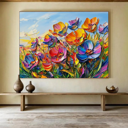 “Vibrant Colorful Flower Field” - Pink, Purple, Orange, Yellow, Textured Flower Field - Impasto Acrylic Painting HB1640