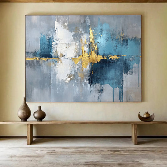 “Reflective Gold - Blue - Gray Abstract” - Gold, Blue, Gray, White, Reflective Textures Painting On Canvas HB0821