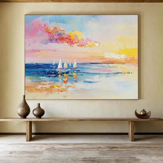 “Colorful Sailboat Seascape” - Pink, Yellow, Blue, White - Impasto Sailboats at Sunset - Oil Painting HB1307