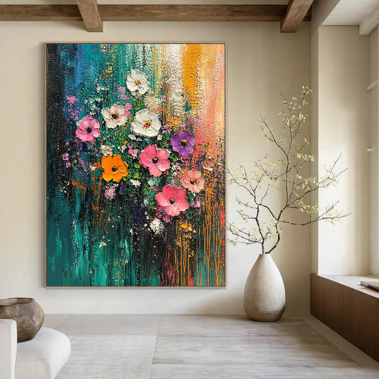 Vibrant contemporary abstract painting featuring colorful flowers against a textured forest backdrop that invites you to explore its lively landscape. DLZ1022