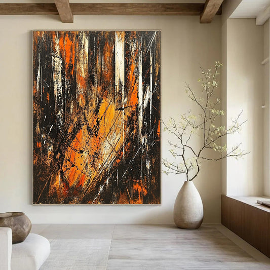 Contemporary hand-painted abstract artwork depicting an energetic forest scene with vibrant brown orange and black tones illuminated by sunlight. DLZ1396