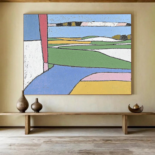 “Color - Blocked Landscape” - Green, Blue, Yellow, Abstract Fields - Primitive Acrylic Painting HB1504
