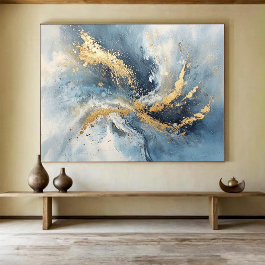 “Blue - Gray Abstract with Gold Splashes” - Blue, Gray, Gold, Dynamic Splashes Painting On Canvas HB0826
