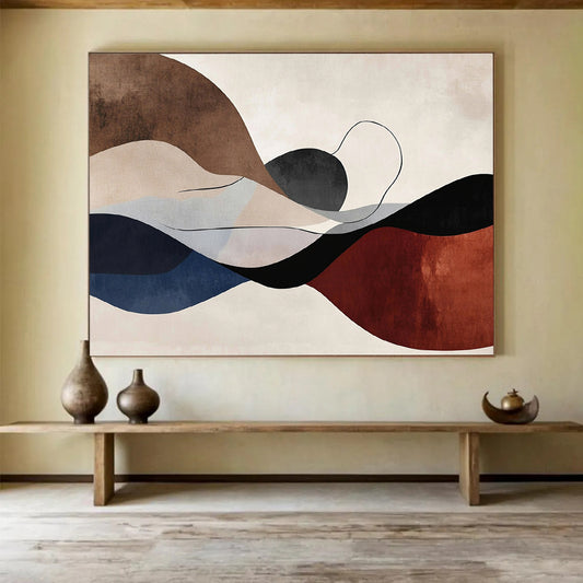 “Colorful Wavy Shapes” - Brown, Beige, Blue, Red with Curved Forms - Abstract Acrylic HB1362