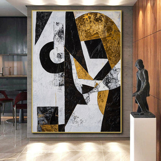 Black, White, Gold and Gray Geometric Abstraction "Dynamic Geometry" Painting On Canvas HB376