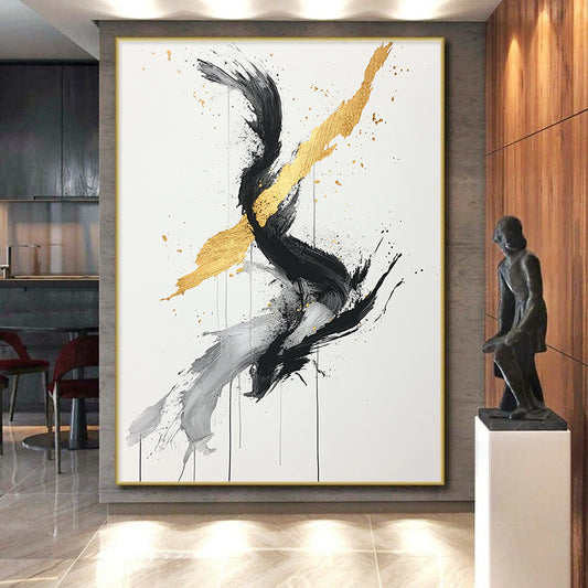 Black, White, Gold, Gray, Twisted Swirls "Gilded Twist" Abstract Expressionist Painting On Canvas HB097