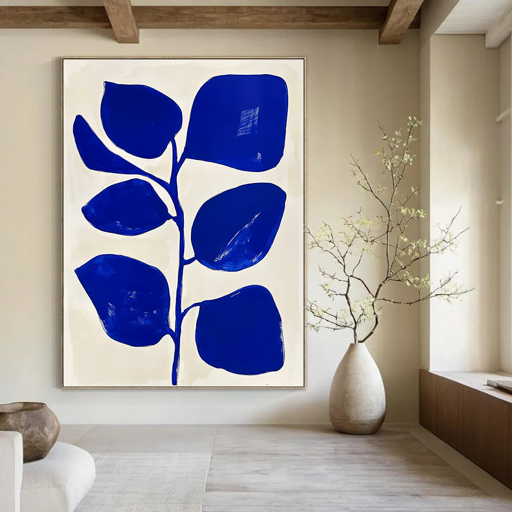 Contemporary hand-painted abstract artwork featuring a blue and white floral design with simple shapes and flat colors in Matisse style. DLZ1153