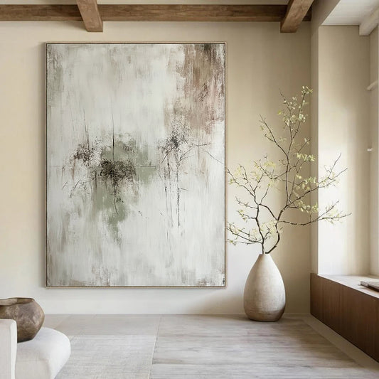 Contemporary hand-painted abstract artwork features a minimalist composition with subtle textures and muted tones of gray green and brown. DLZ0817