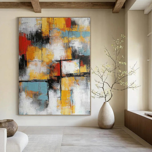Contemporary hand-painted abstract artwork featuring vibrant colors and dynamic shapes creating a captivating visual experience for modern interiors. DLZ1758