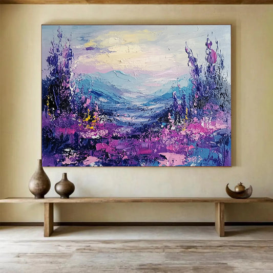 “Vibrant Purple Valley” - Lush Purples, Pinks, and Blues, Textured Mountain Valley with Floral Details Painting On Canvas HB0908