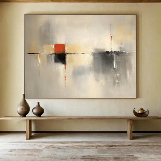 “Gray and Red Abstract Composition” - Gray, beige, white, red; Abstract composition with geometric elements; Acrylic Painting On Canvas HB1283