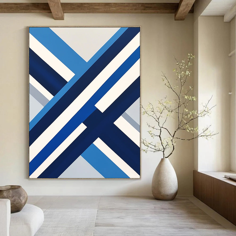 Contemporary abstract art featuring a blue and white Swedish flag in a flat view, inspired by David Hockney's style. DLZ1152